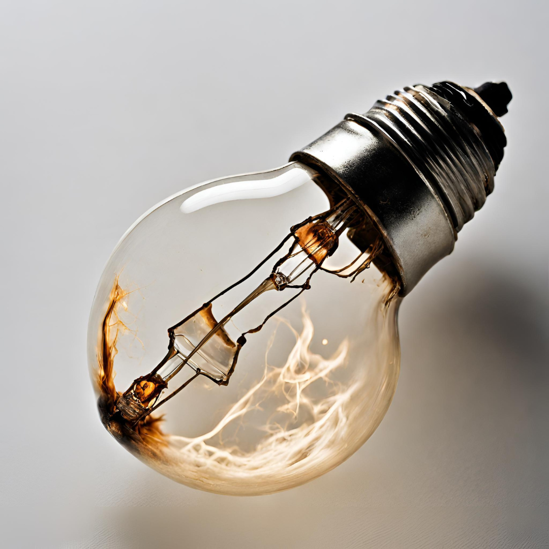 Close-up of a classic burnt-out incandescent light bulb with a broken and snapped filament inside the glass bulb