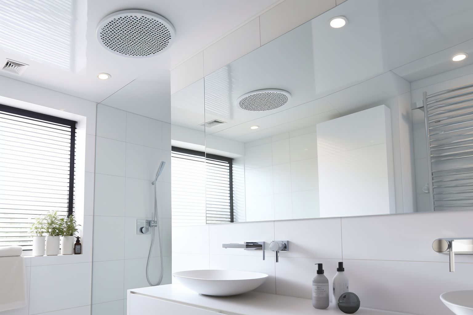 A cozy and stylish bathroom with well-integrated extractor fan, demonstrating the fan's design complementing the overall bathroom decor, with a focus on a minimalistic and modern aesthetic
