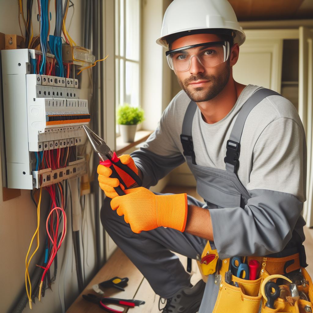 Qualified electrician wearing safety gear and using professional tools during residential electrical work