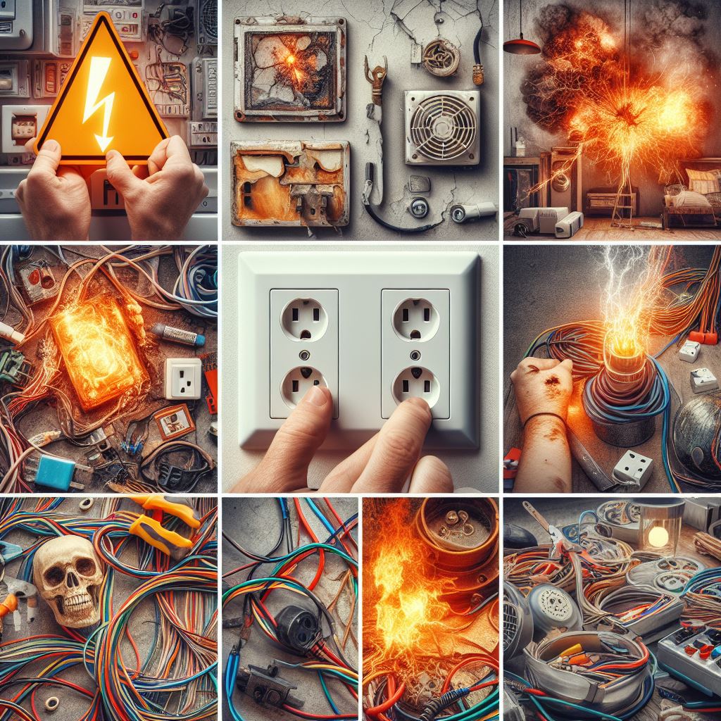 Collage of electrical warning signs, including flickering lights, burnt outlets, and outdated wiring