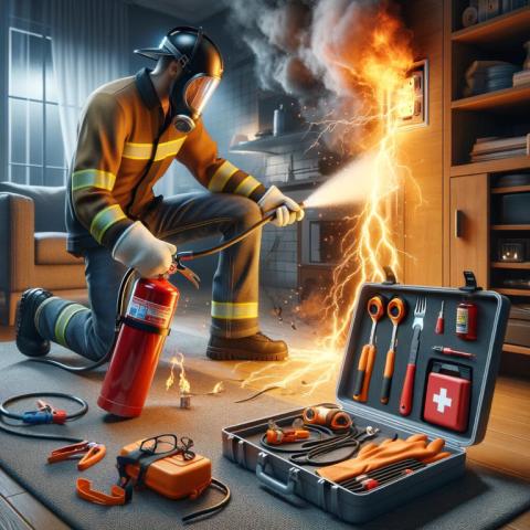Using a fire extinguisher on an electrical fire and a first aid kit with electrical safety equipment.