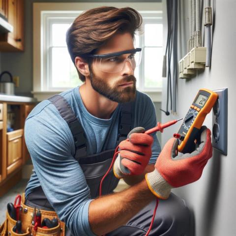Professional electrician inspecting a home electrical outlet with a multimeter.