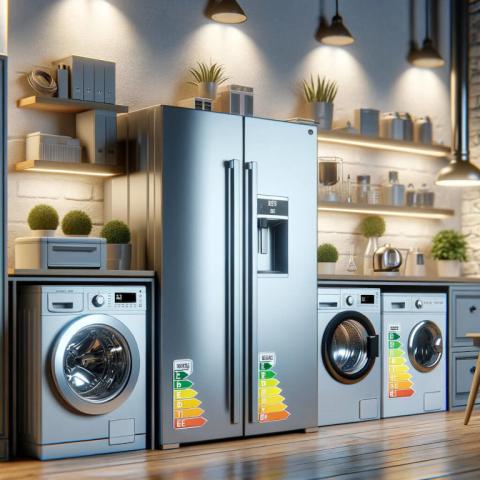 Energy-efficient home appliances with high energy rating labels.