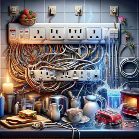 Collage of common home electrical hazards including overloaded outlets, outdated wiring, and water near electricity