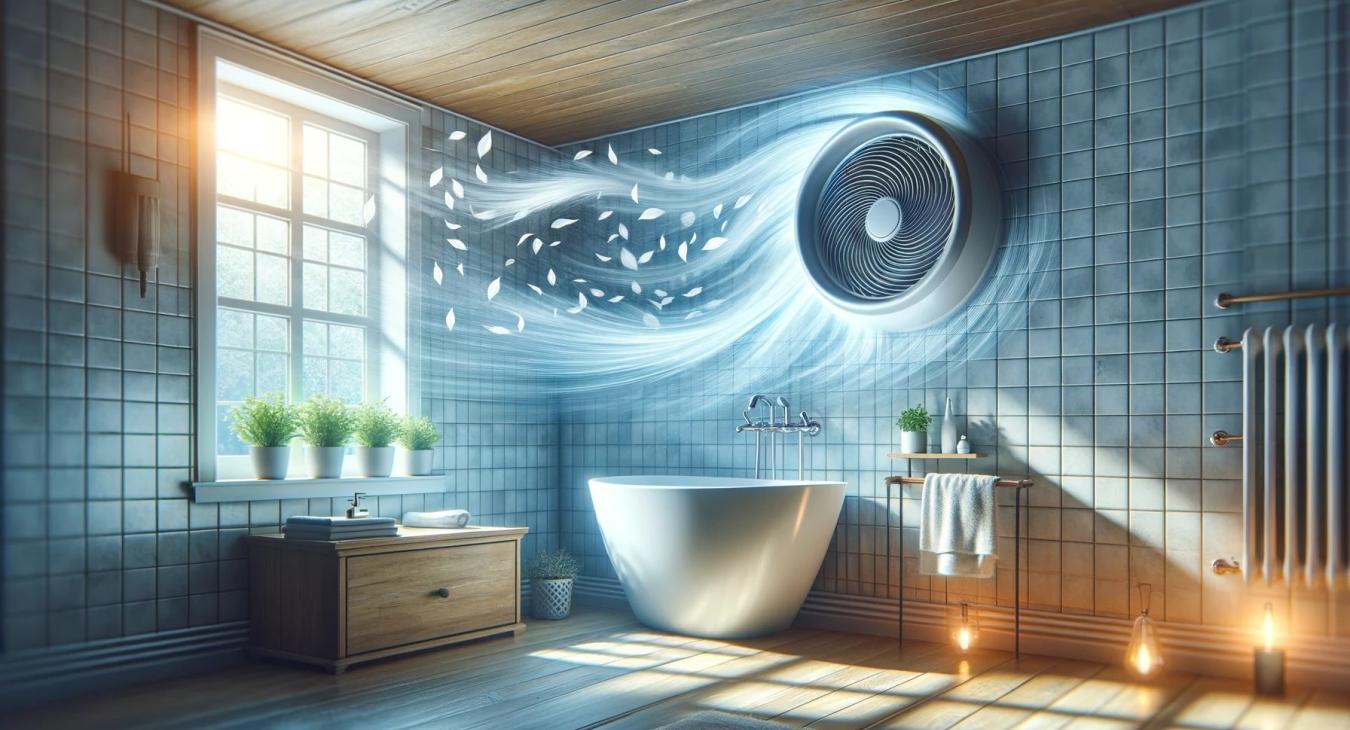 It emphasizes the concept of airflow and freshness in a bathroom, featuring elements like an open window or an extractor fan and visual cues of air movement. The setting is bright, airy, and fresh, highlighting the benefits of good ventilation for a healthy and moisture-free environment.