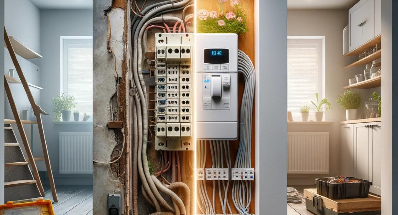 Before and after image of upgrading from an old fuse box to a modern consumer unit in a home's electrical system, highlighting safety and modernity.